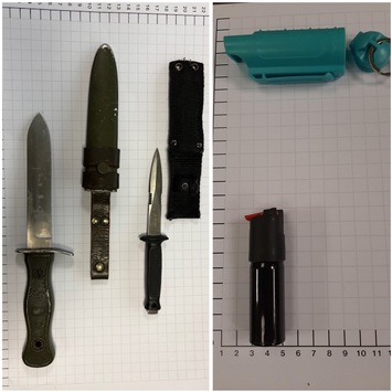 BPOL NRW: Bundespolizei findet Kampfmesser, zweiseitig geschliffenes Messer und Pfefferspray